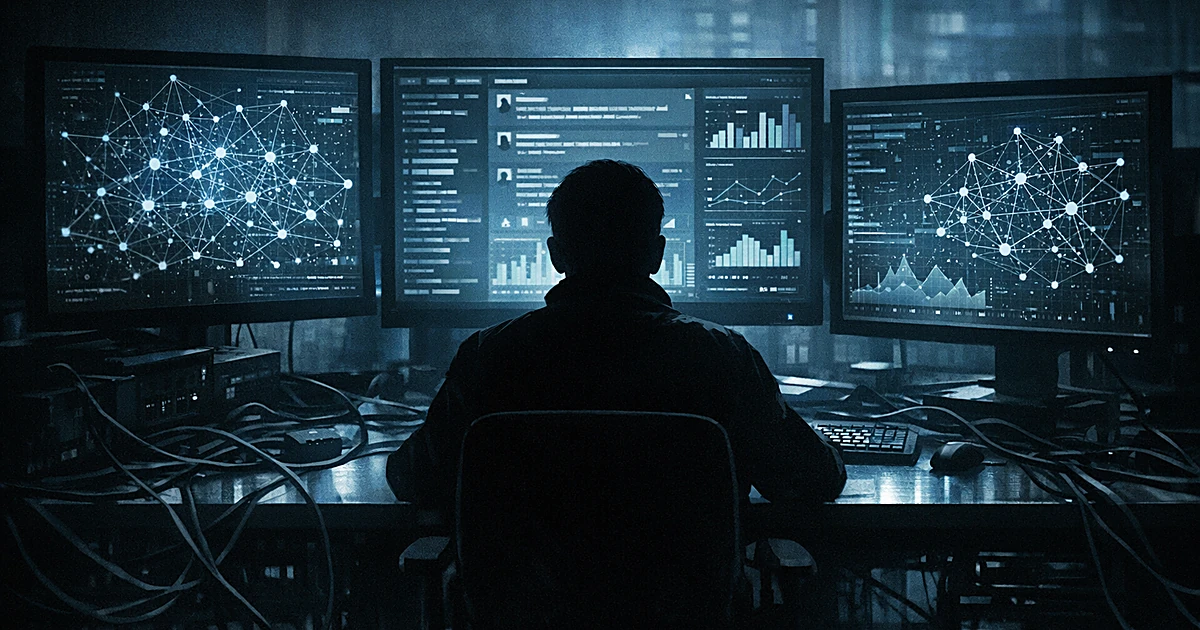 Silhouette at computer monitors showing network graphs and data streams in dark room with blue screen glow