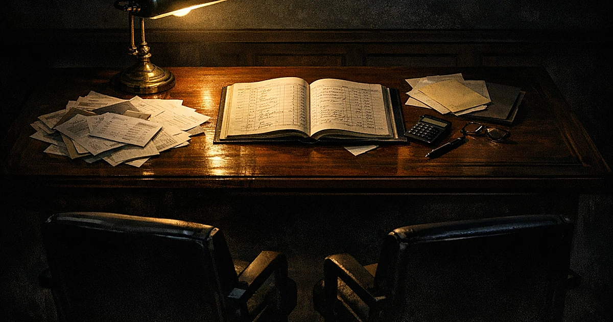 Empty chairs face a desk with financial documents and ledger under a single lamp in a dark room