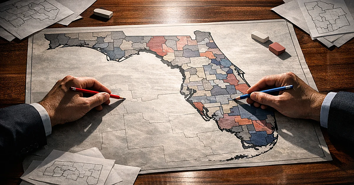 Hands with red and blue pencils reaching toward a Florida map on a table, suggesting redistricting negotiations