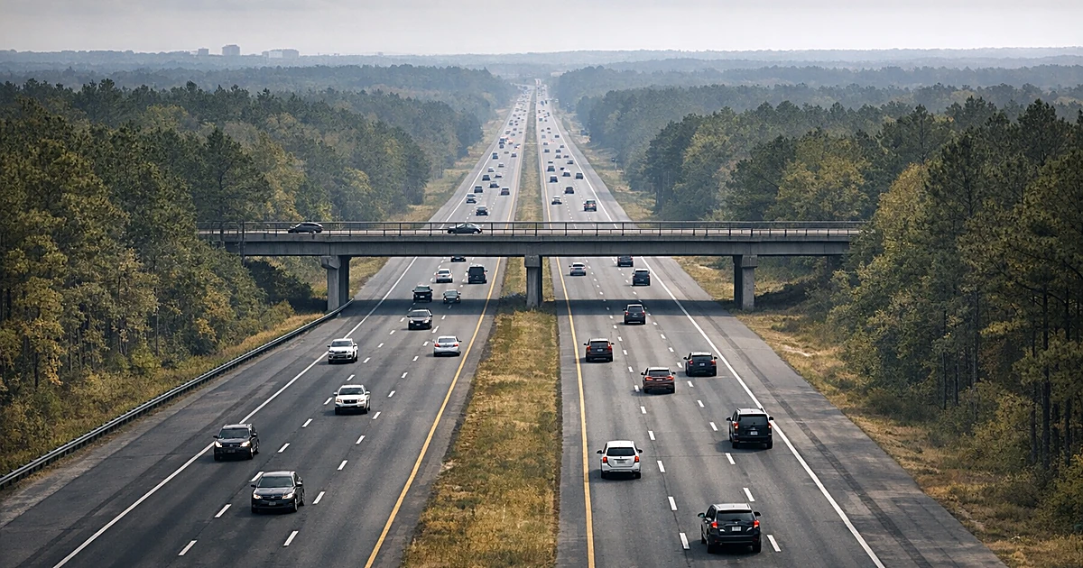 Aerial view of Interstate 77 highway cutting through forested South Carolina landscape with vehicles and overpass