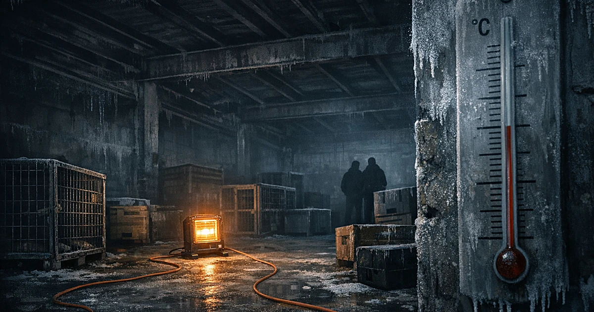 Dark warehouse with space heater, extension cord, and empty crates in cold, abandoned industrial space