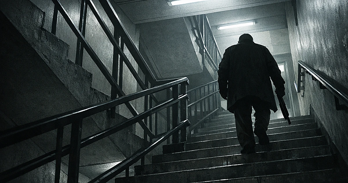 Silhouetted figure climbing concrete stairwell inside institutional building with harsh overhead lighting