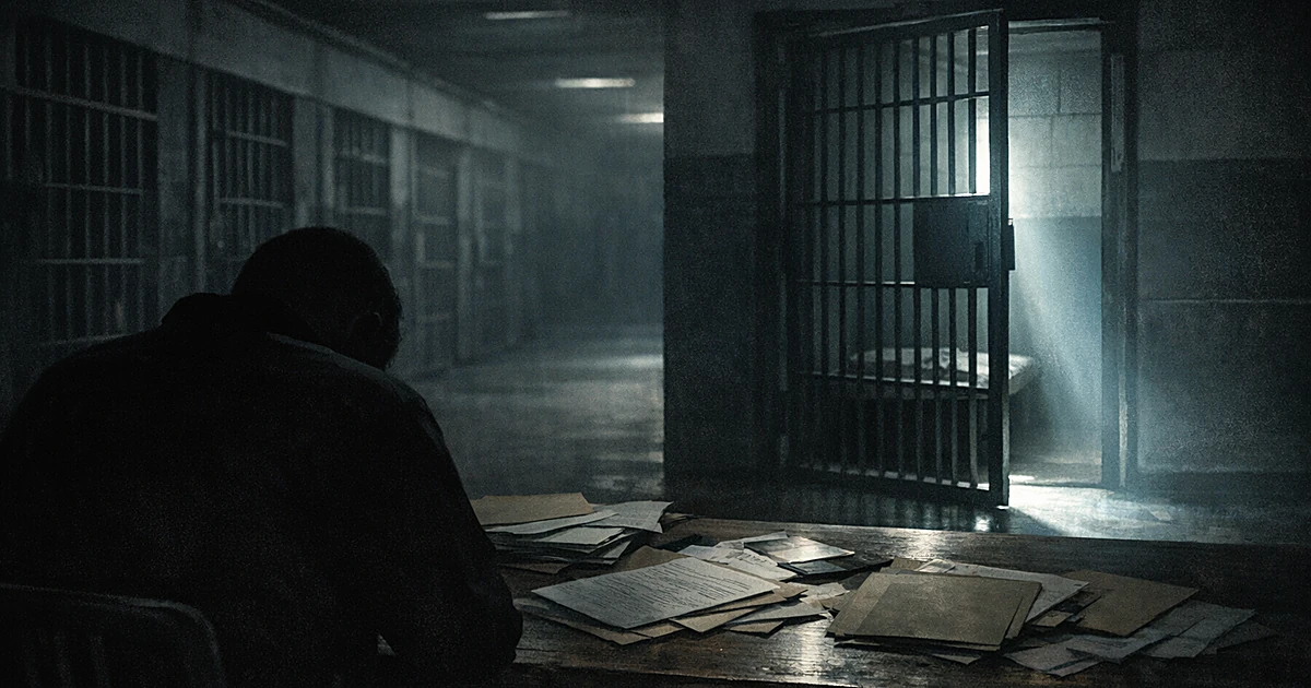 Dark prison corridor with empty cells and silhouetted figure at desk with case files in foreground