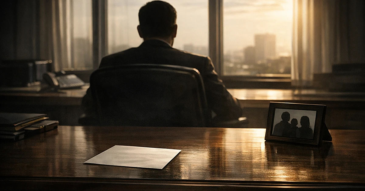 Silhouetted figure at desk with resignation letter in government office, viewed from behind with afternoon light