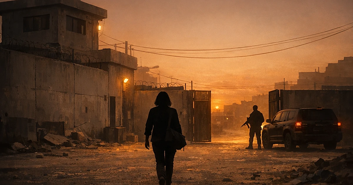 Silhouetted person walking from concrete compound toward waiting figure at gate during Baghdad dusk