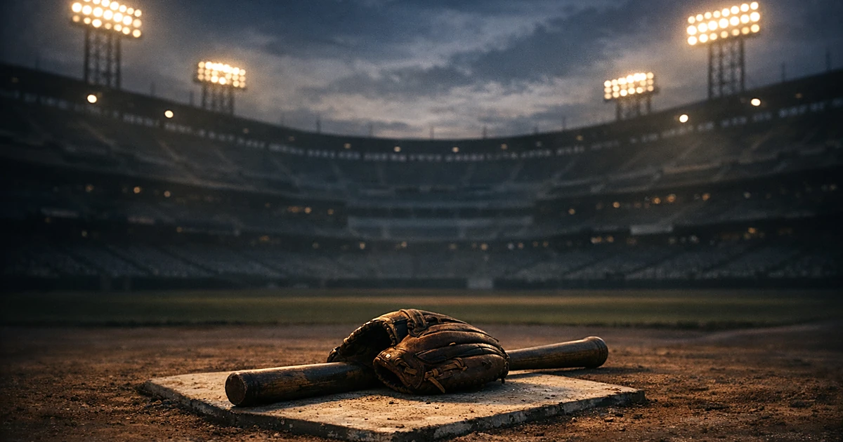 Baseball bat and glove on home plate in empty stadium at dusk with glowing lights