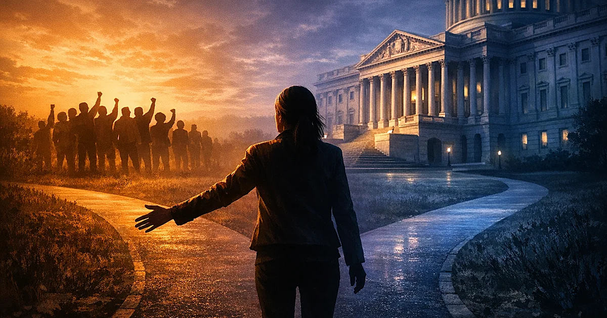 Silhouette at crossroads between activist group and institutional building, lit by contrasting warm and cool tones