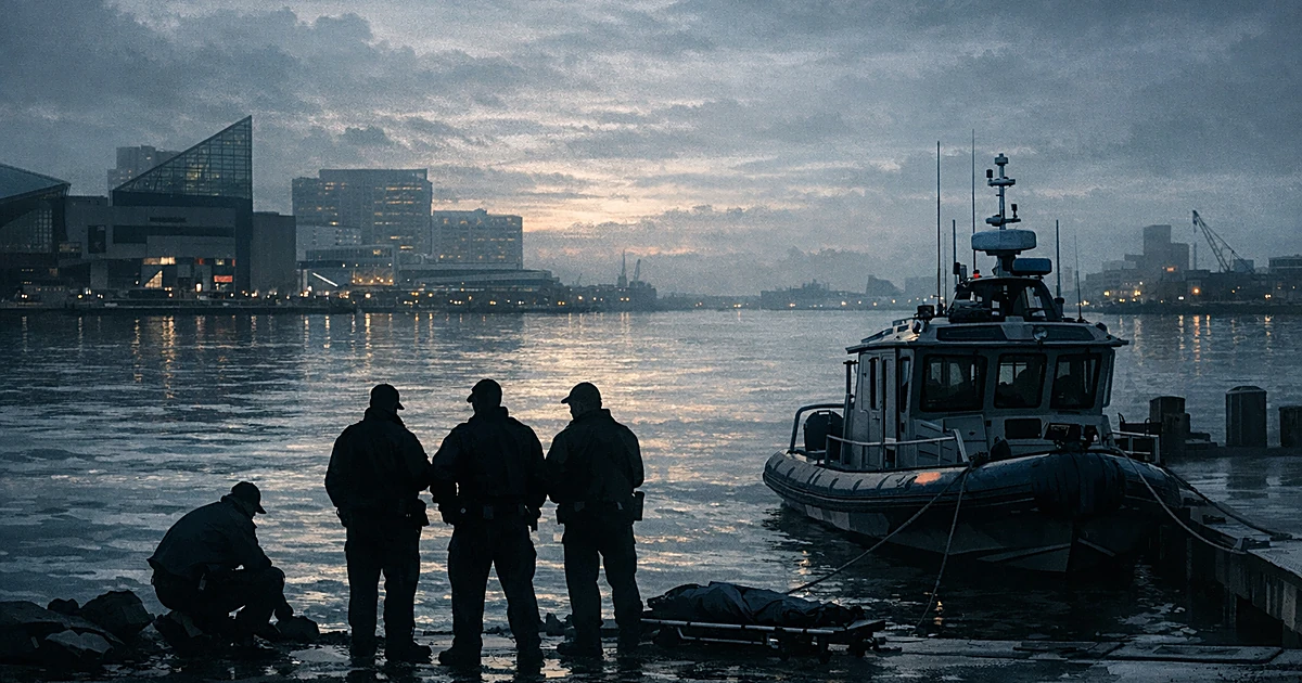 Silhouettes of emergency responders at dawn beside dark harbor water with police boat docked at urban waterfront