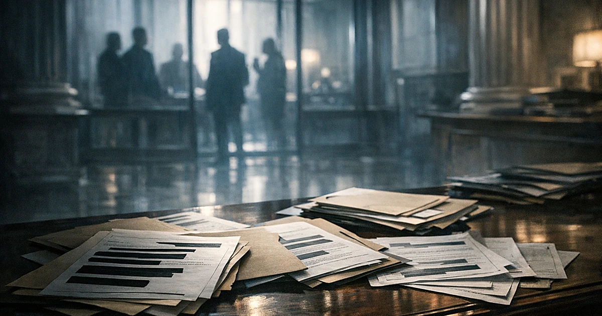 Government office interior with scattered documents and silhouetted figures visible through windows in background