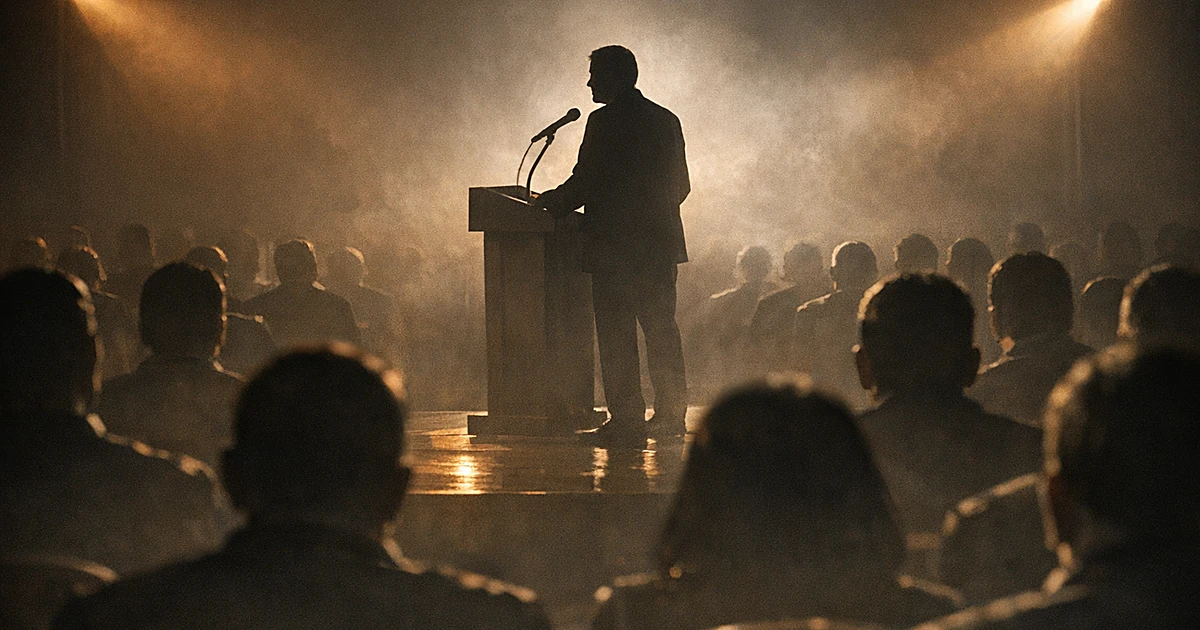 Silhouetted speaker at podium addressing audience shown from behind in dimly lit conference hall