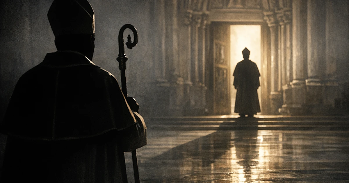 Silhouetted bishop facing distant church entrance with another robed figure, dramatic lighting creates tension