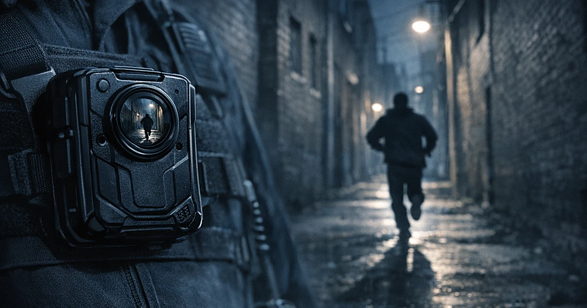 Body camera on police uniform filming silhouetted figure running away in urban alley at night