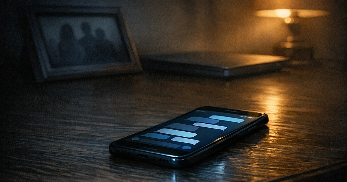 Illuminated smartphone with messages on desk next to face-down family photo frame in dimly lit room