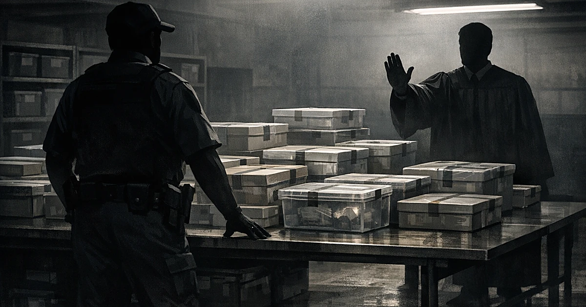 Silhouetted law enforcement officer at table with ballot boxes faces silhouetted judicial figure making stop gesture