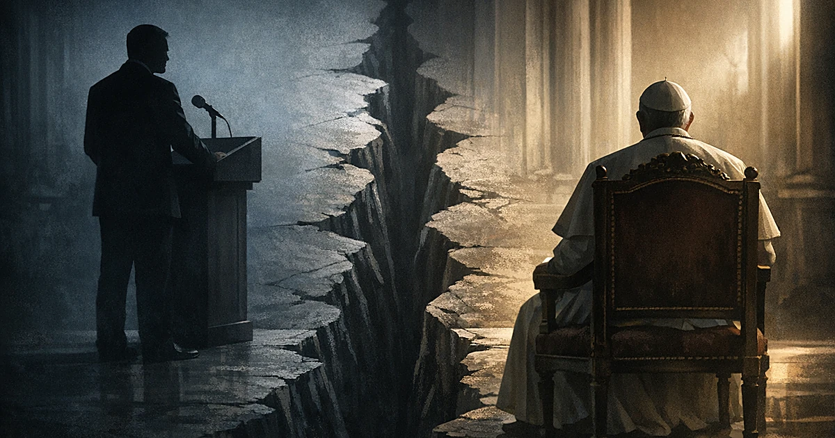 Silhouetted political figure at podium separated by chasm from papal figure shown from behind in columned chamber