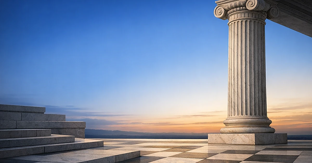 Abstract image of a classical column against a gradient sky representing justice and institutional stability