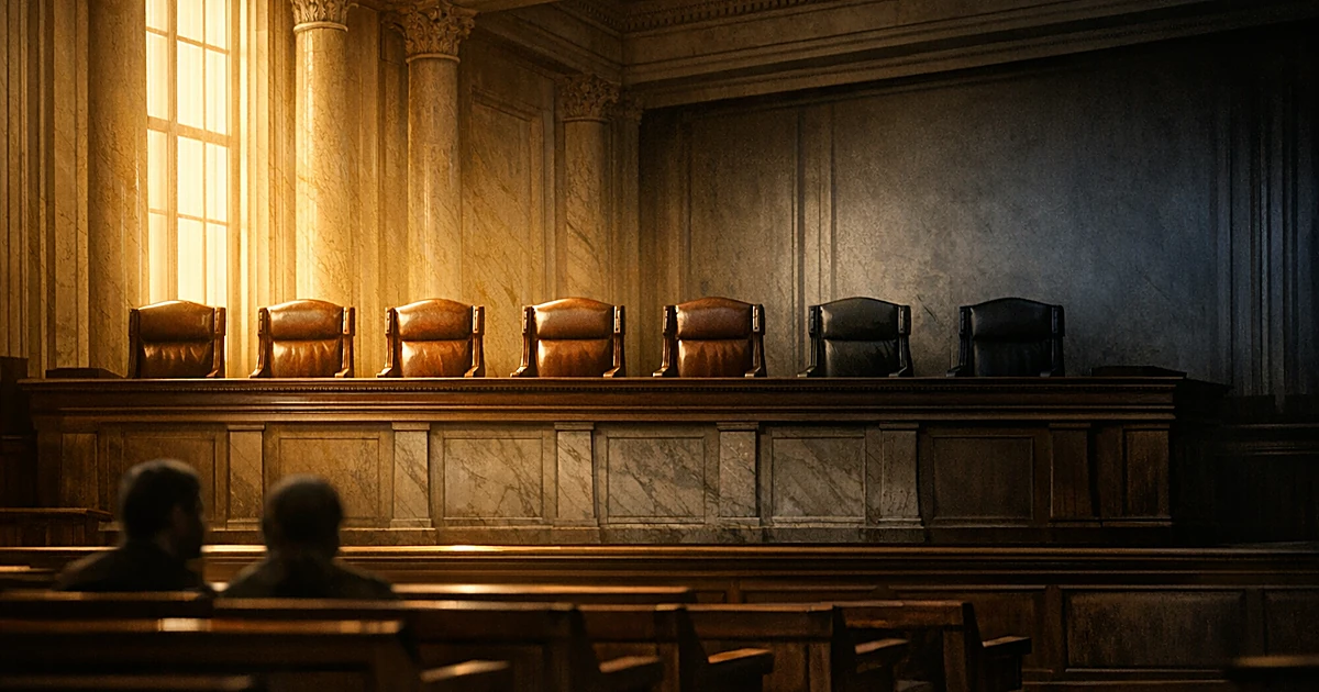 Empty courtroom with seven judicial chairs, five illuminated in golden light and two in shadow, representing court majority
