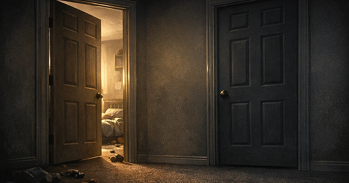 Dark suburban hallway with two bedroom doors, one open showing a child's room with toys, conveying somber mood