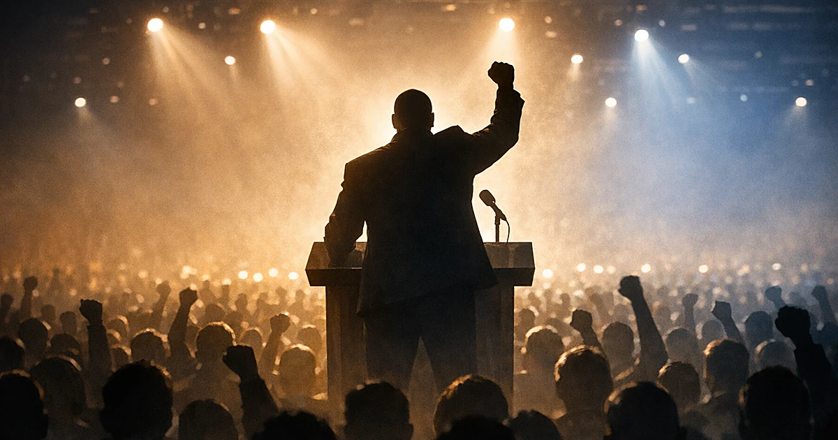 Silhouetted speaker at podium with raised arm addressing crowd of silhouetted attendees in convention hall