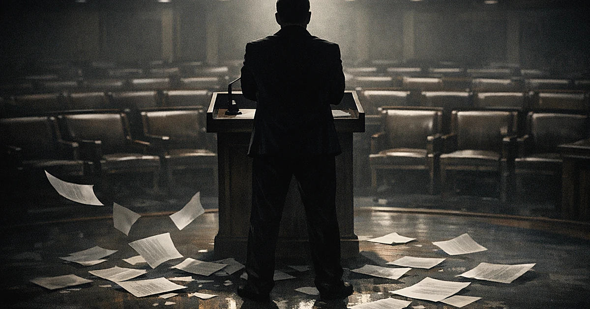 Silhouetted figure standing alone at podium in empty congressional chamber with scattered papers on floor