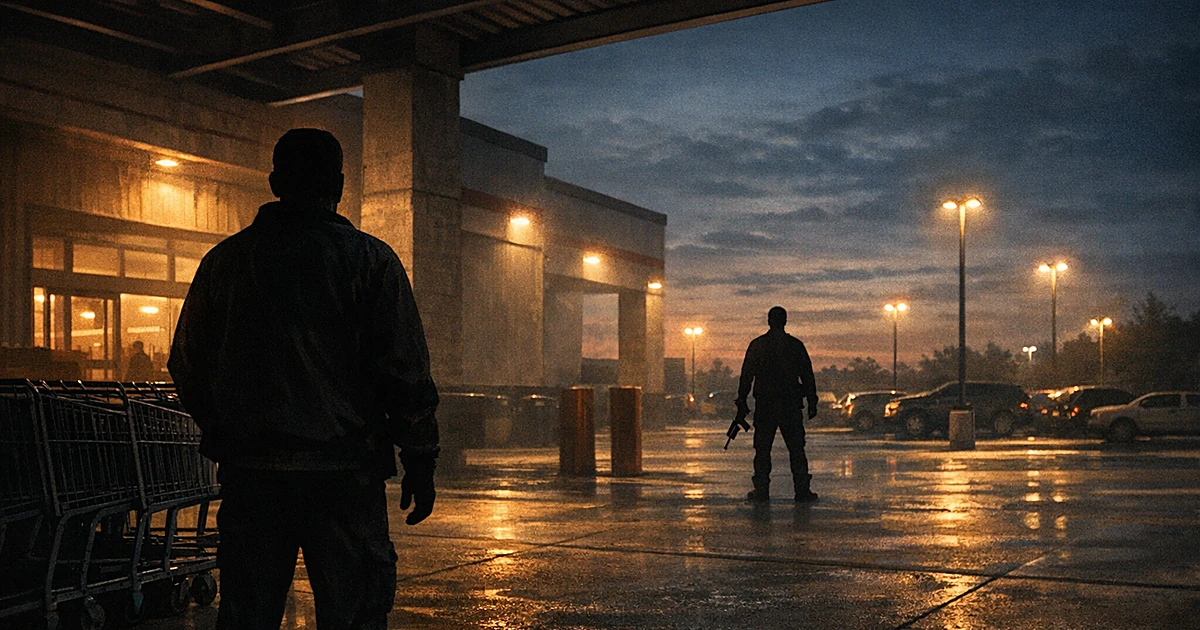 Silhouette of person at warehouse store entrance at dusk with shopping carts and parking lot in background