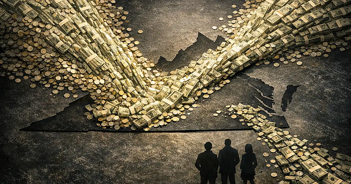 Overhead view of Virginia map with large streams of money flowing toward it, dwarfing smaller opposing flows