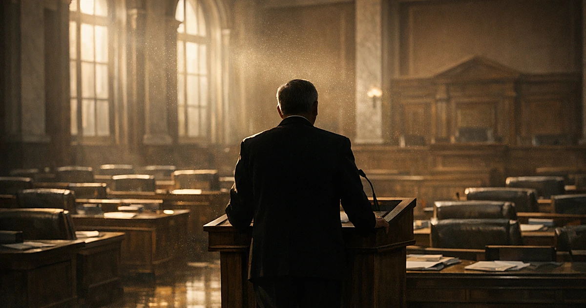 Silhouetted figure at podium in empty legislative chamber with afternoon light streaming through tall windows