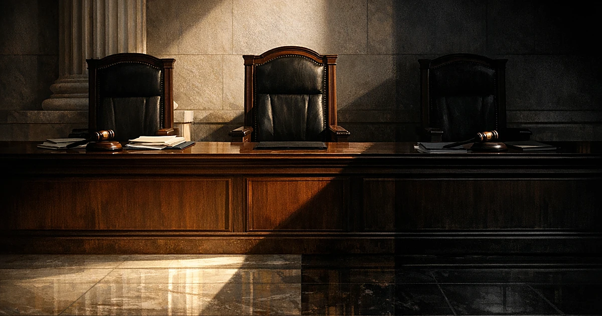 Three empty judicial chairs behind courthouse bench with dramatic lighting showing division between majority and dissent