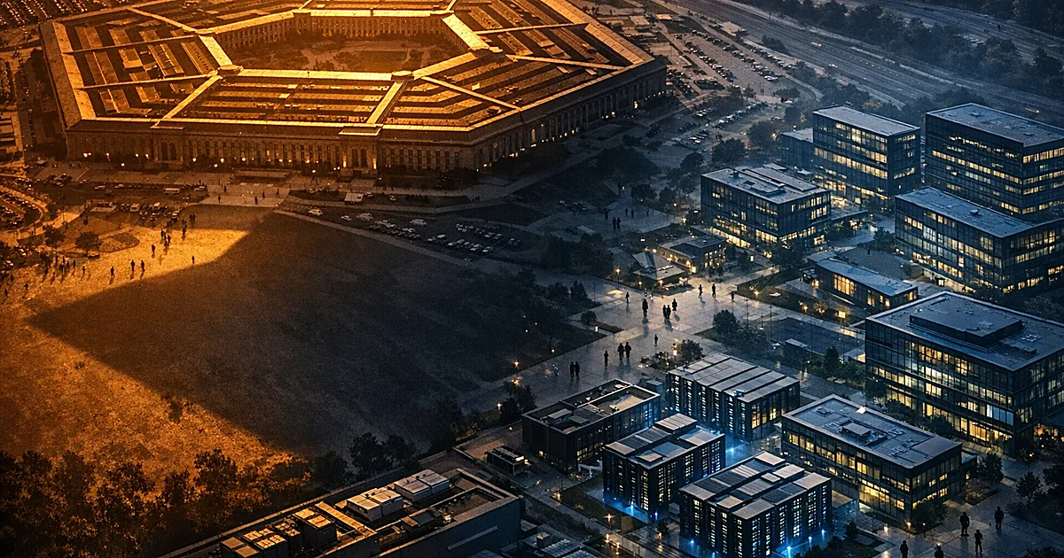 Pentagon-shaped building casting shadow over modern tech campus, symbolizing military authority over AI companies