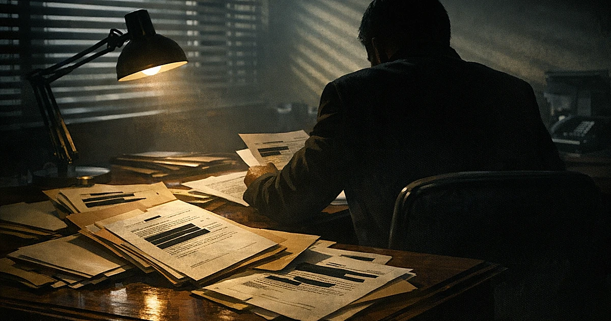 Silhouetted figure at desk reviewing classified documents with redacted sections in dimly lit office