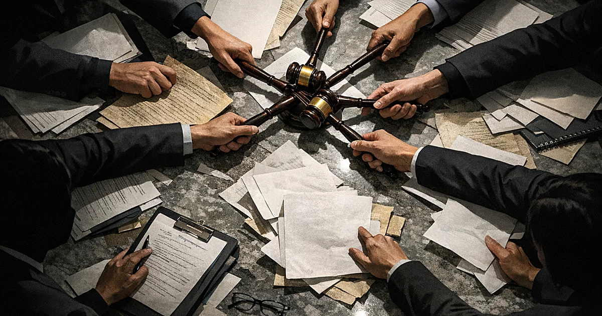Hands reaching from different directions across a table scattered with gavels and documents, pulling in opposing ways