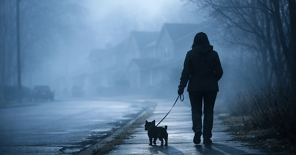 Person walking dog from behind on empty residential sidewalk in early morning light with long shadows