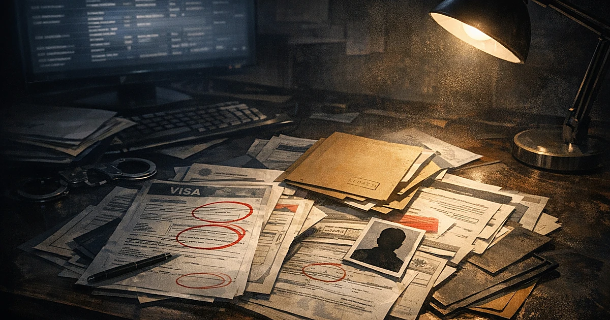 Overhead view of government desk with scattered immigration documents, visa papers, and files under harsh desk lamp lighting