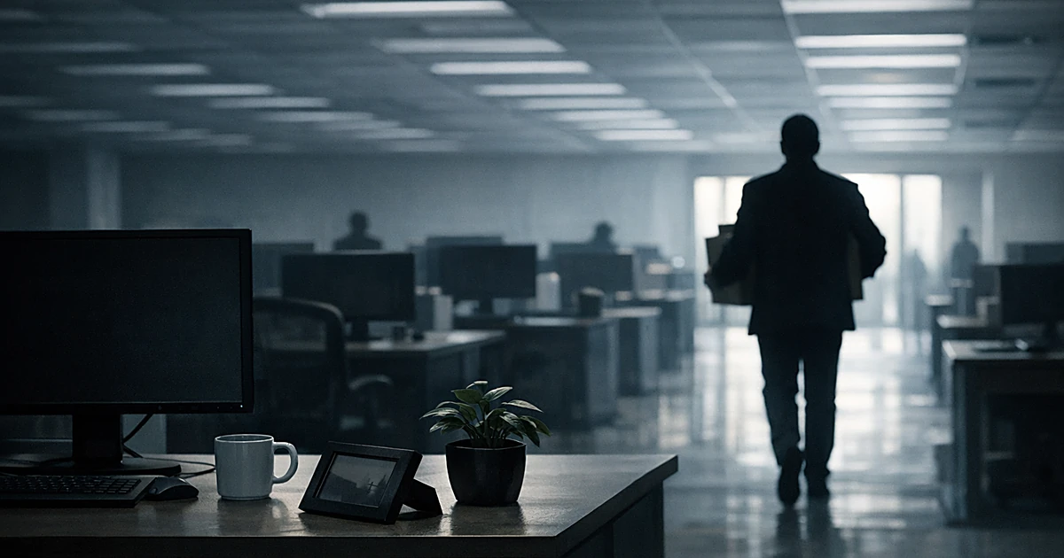 Empty office with abandoned desks and silhouetted person carrying box toward exit in dim fluorescent light
