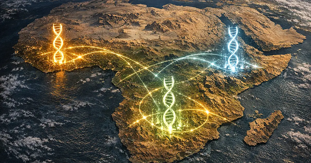 Multiple DNA helixes rising from different regions of Africa map, connected by glowing threads across continent