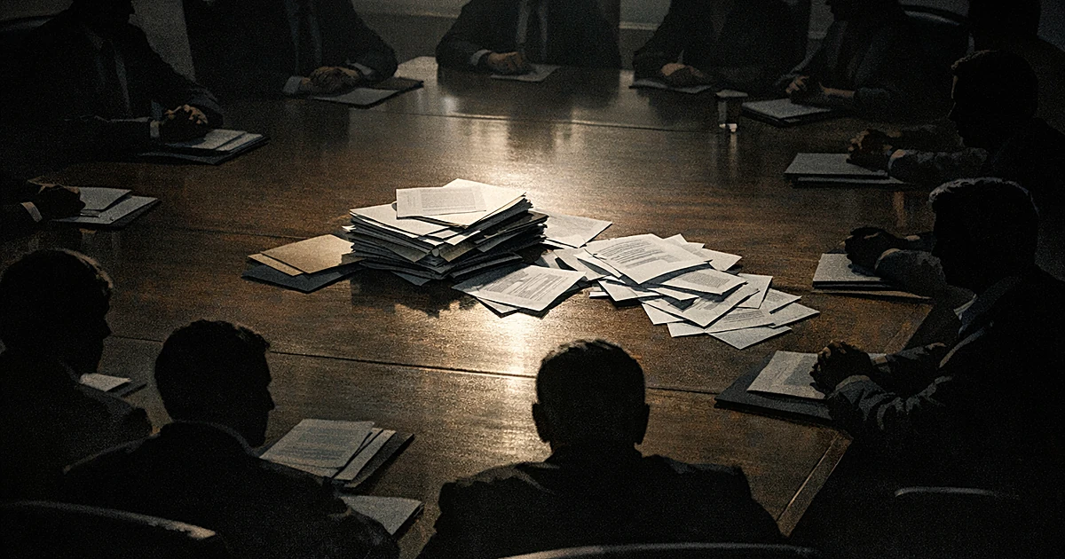 Silhouetted figures around conference table with scattered documents, viewed from above in dramatic lighting