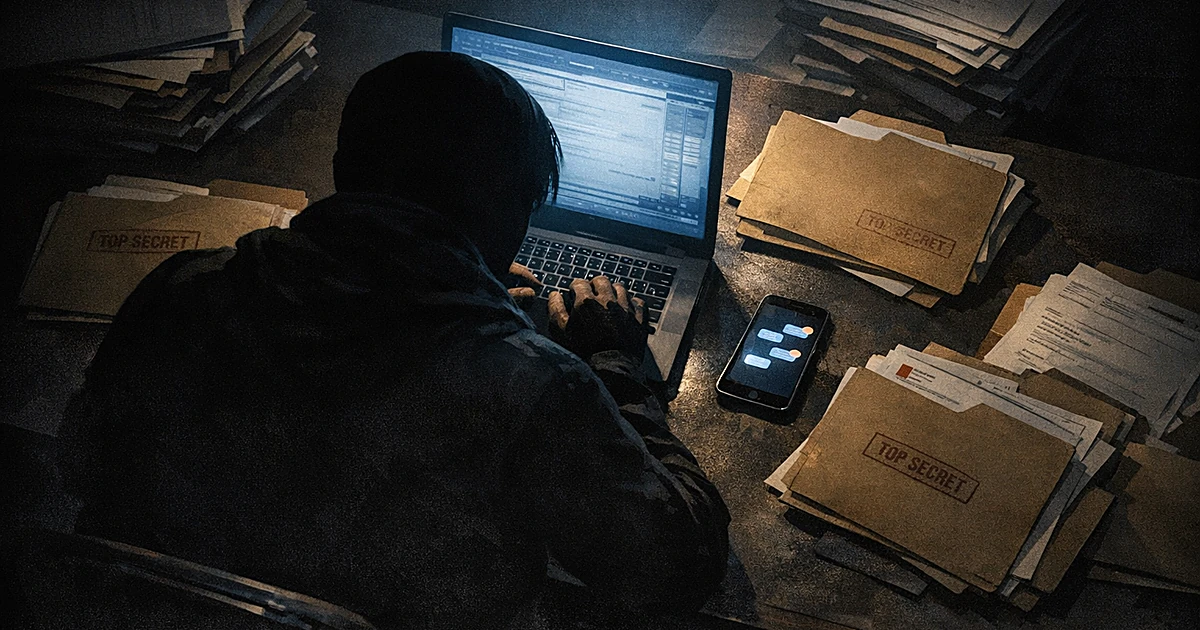 Silhouetted figure at laptop with phone and classified documents in dark room, suggesting information leak