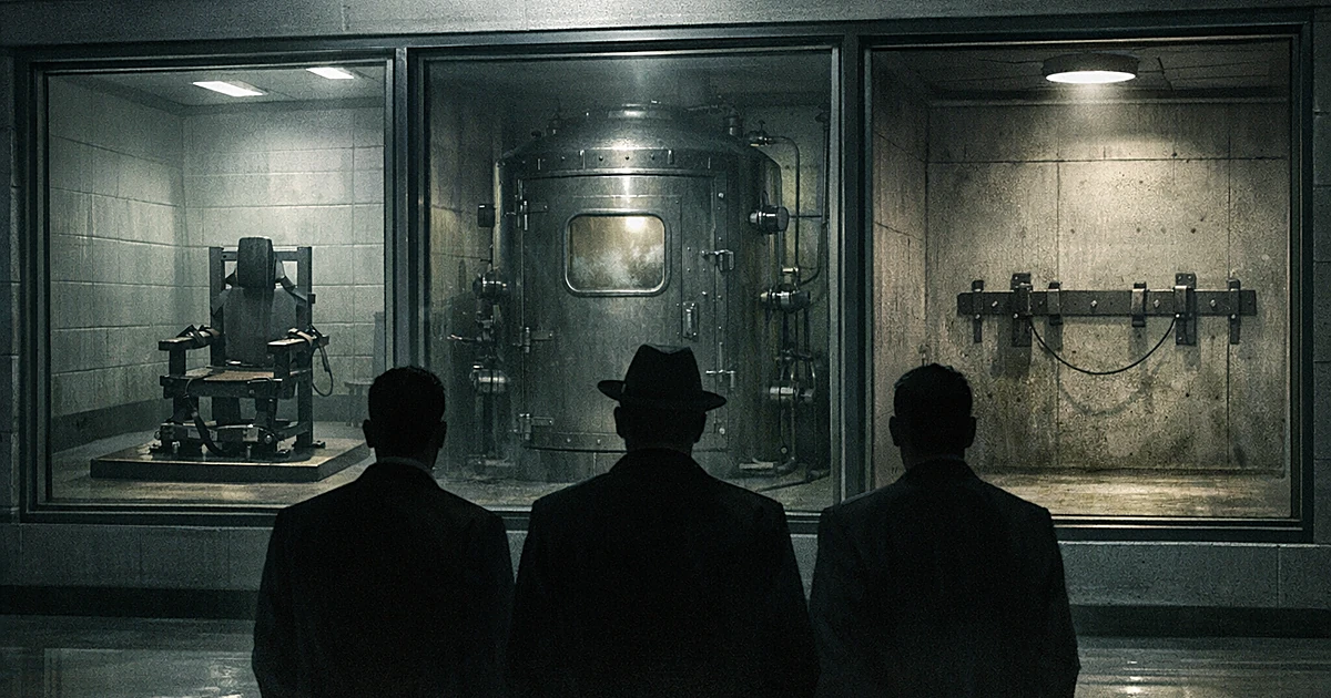 Prison execution chambers showing electric chair, gas chamber, and firing squad wall viewed from institutional corridor