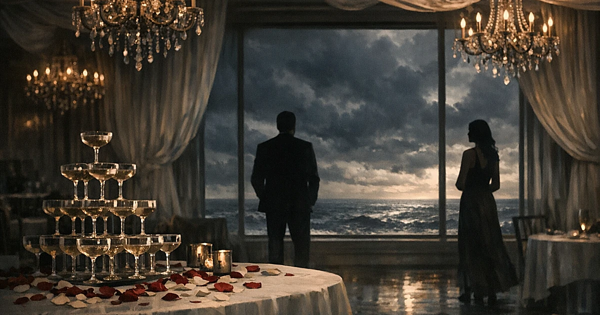 Silhouetted couple in wedding venue with stormy ocean view and untouched champagne display in foreground