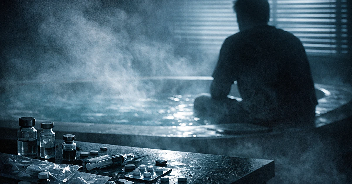 Silhouette by hot tub with scattered medical vials in dim blue light depicting drug-related tragedy