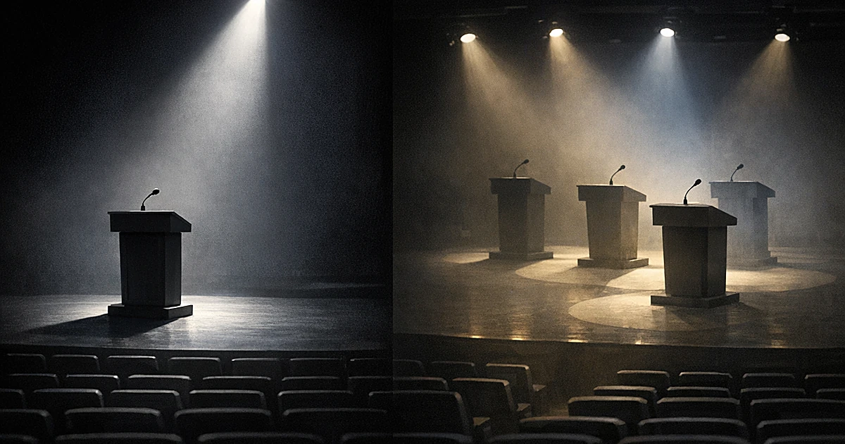 Split stage with one spotlit podium on left, four scattered podiums in diffused light on right, viewed from behind