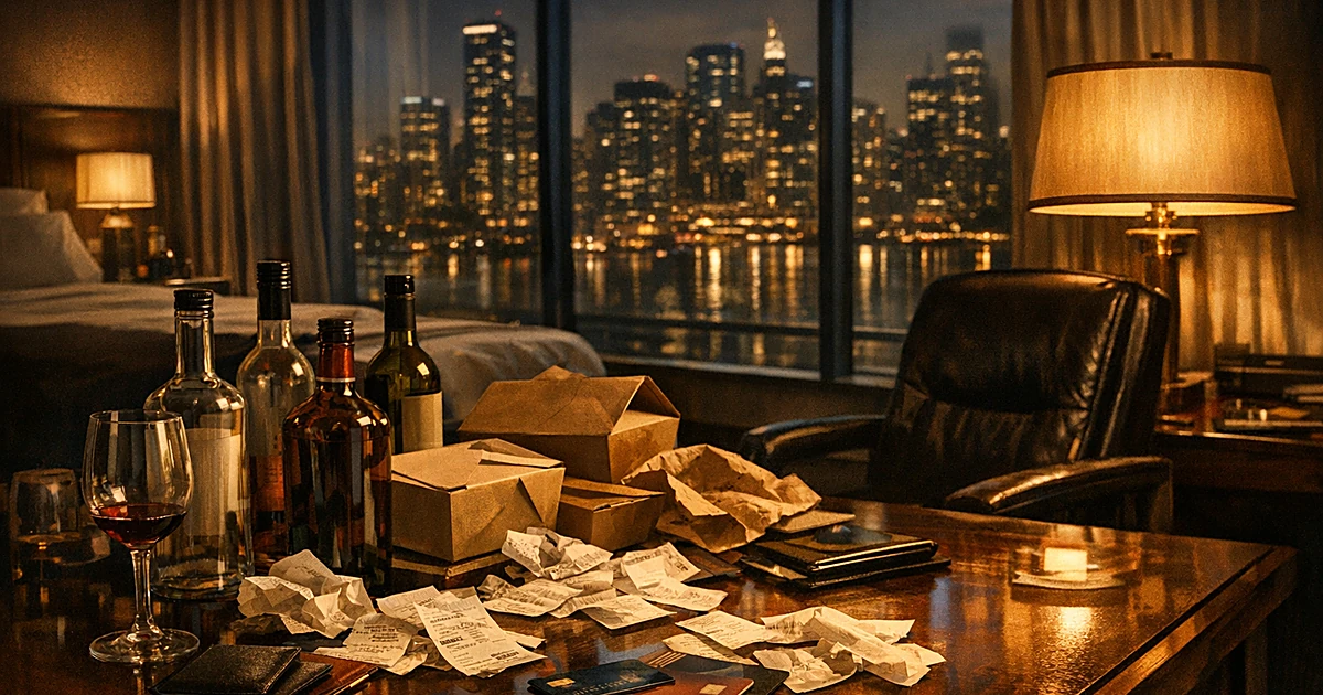 Luxury hotel desk cluttered with empty liquor bottles, delivery boxes, and scattered receipts under warm lighting