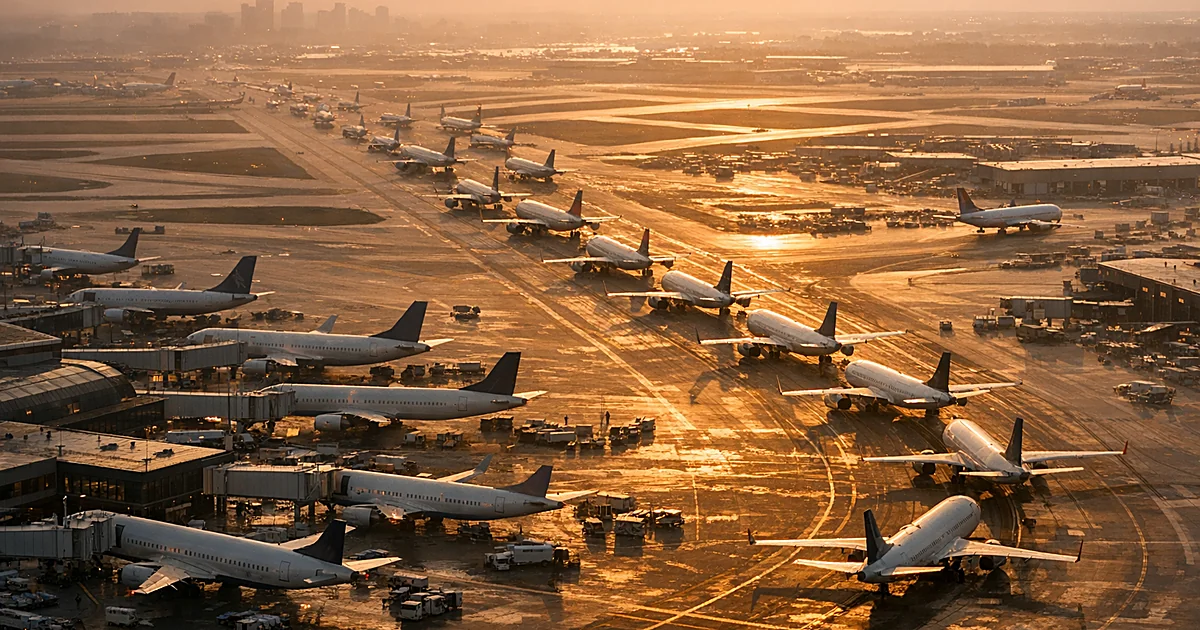 Aerial view of crowded airport tarmac with many commercial aircraft queued on taxiways at sunset