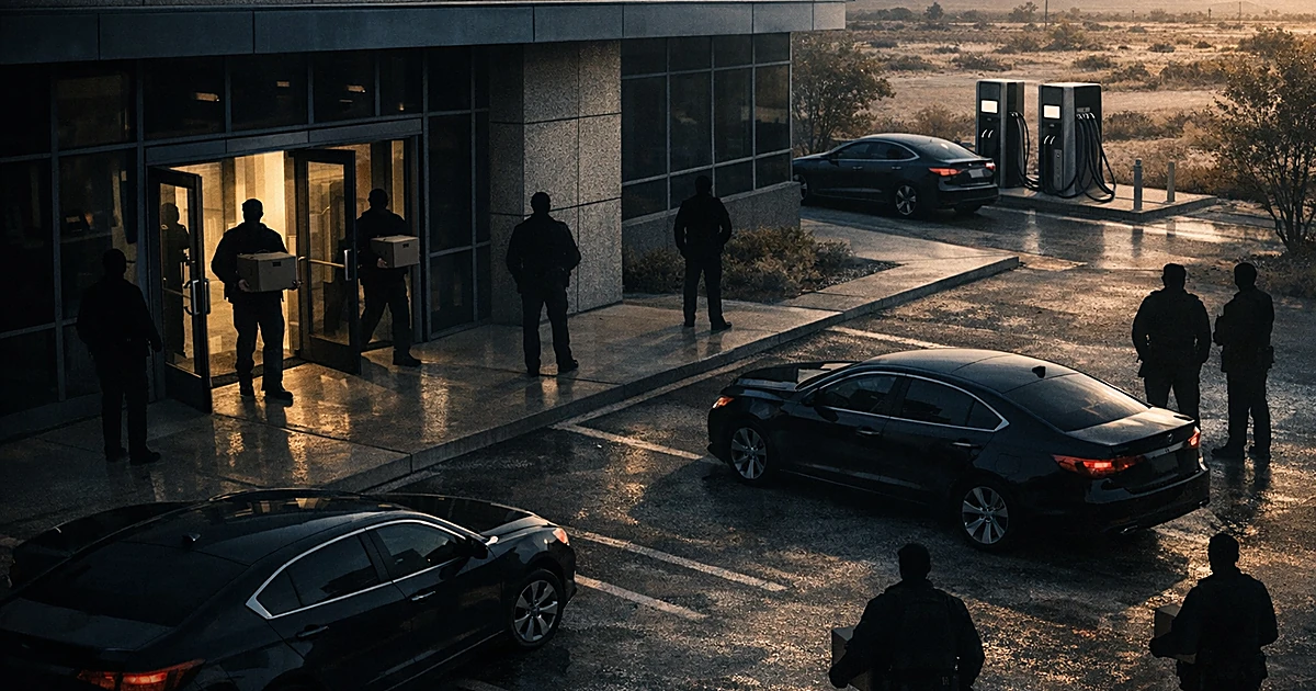 Silhouetted federal agents carrying boxes from city hall entrance with vehicles parked outside at dawn