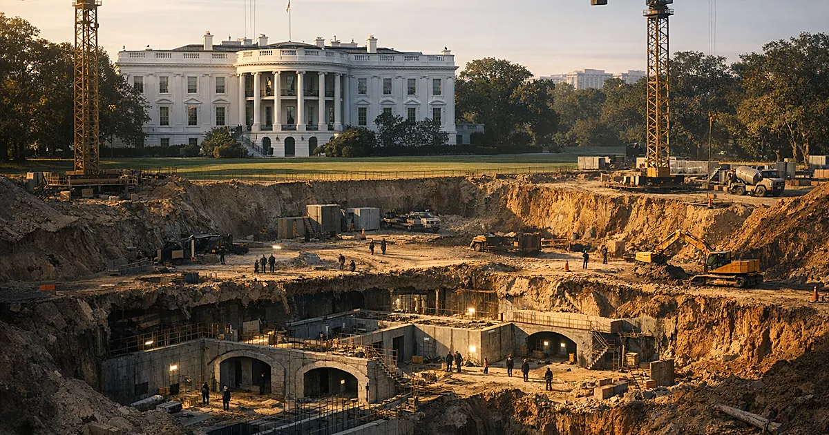 Aerial view of construction site next to white building showing underground excavation and equipment