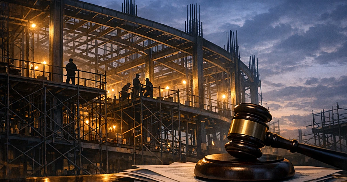 Ballroom construction site with steel framework, silhouetted workers on scaffolding, and judge's gavel on documents