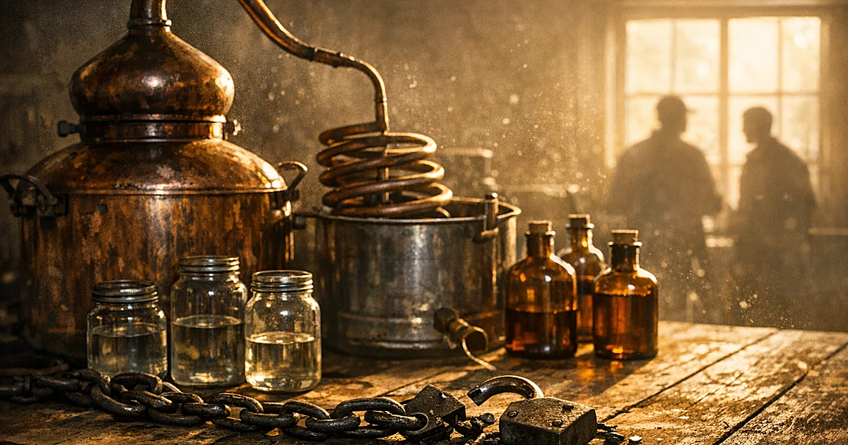Copper pot still with coiled tube on wooden table, surrounded by jars and bottles, with broken chain and padlock