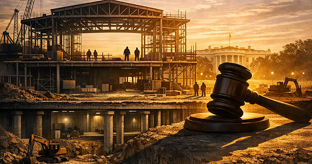 Cross-section of half-built ballroom with stopped construction above ground and completed foundation below