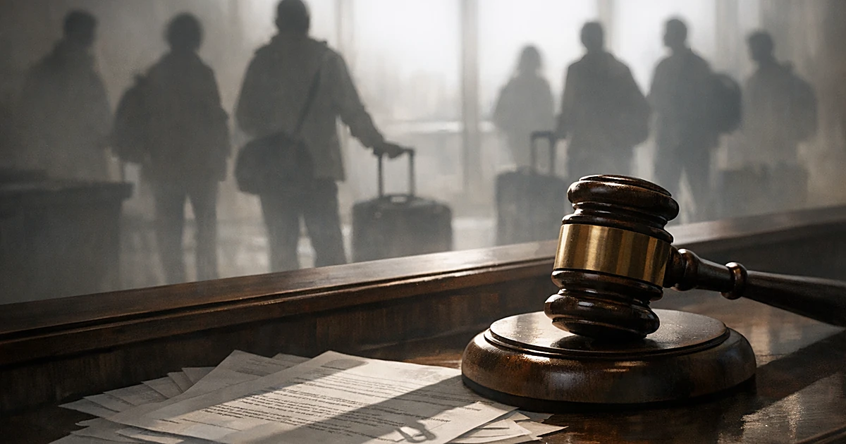 Gavel on bench with documents, silhouettes of people with luggage in background waiting area