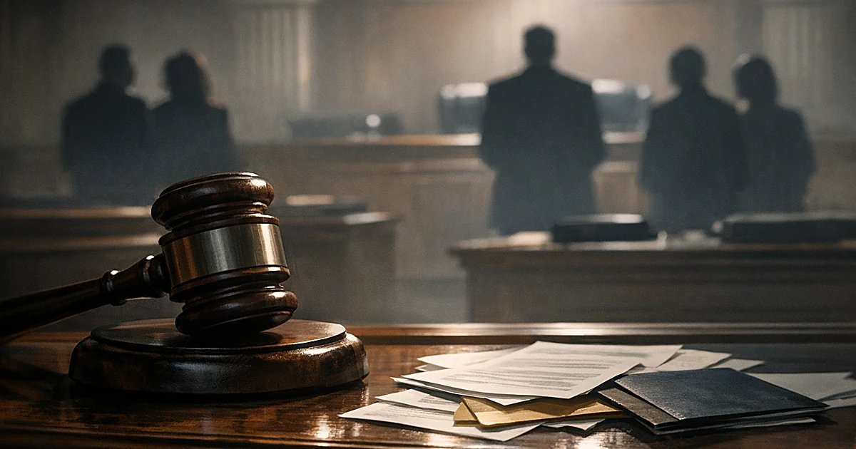 Gavel on courtroom bench with silhouetted figures in background and scattered legal documents